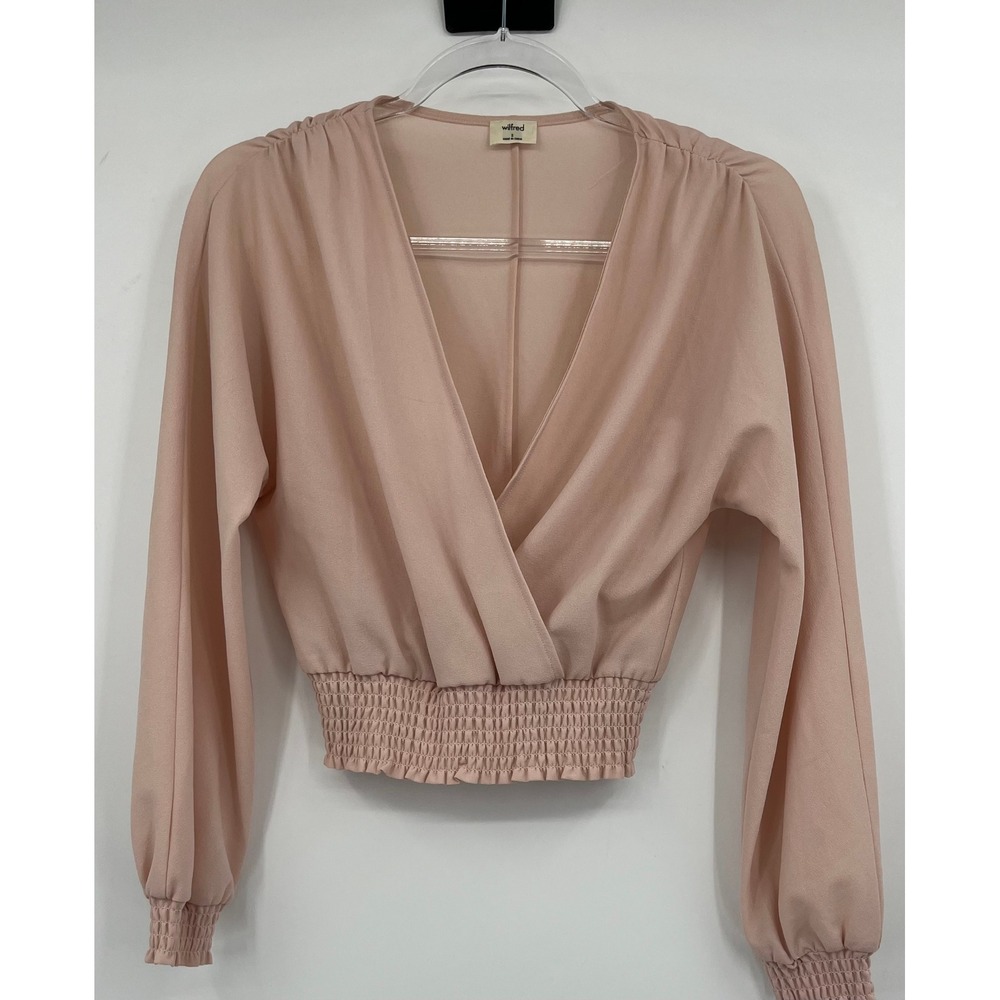 Wilfred Aritzia Dusty Rose Surplice Wrap Blouse Smocked Waist Pink Small S‎